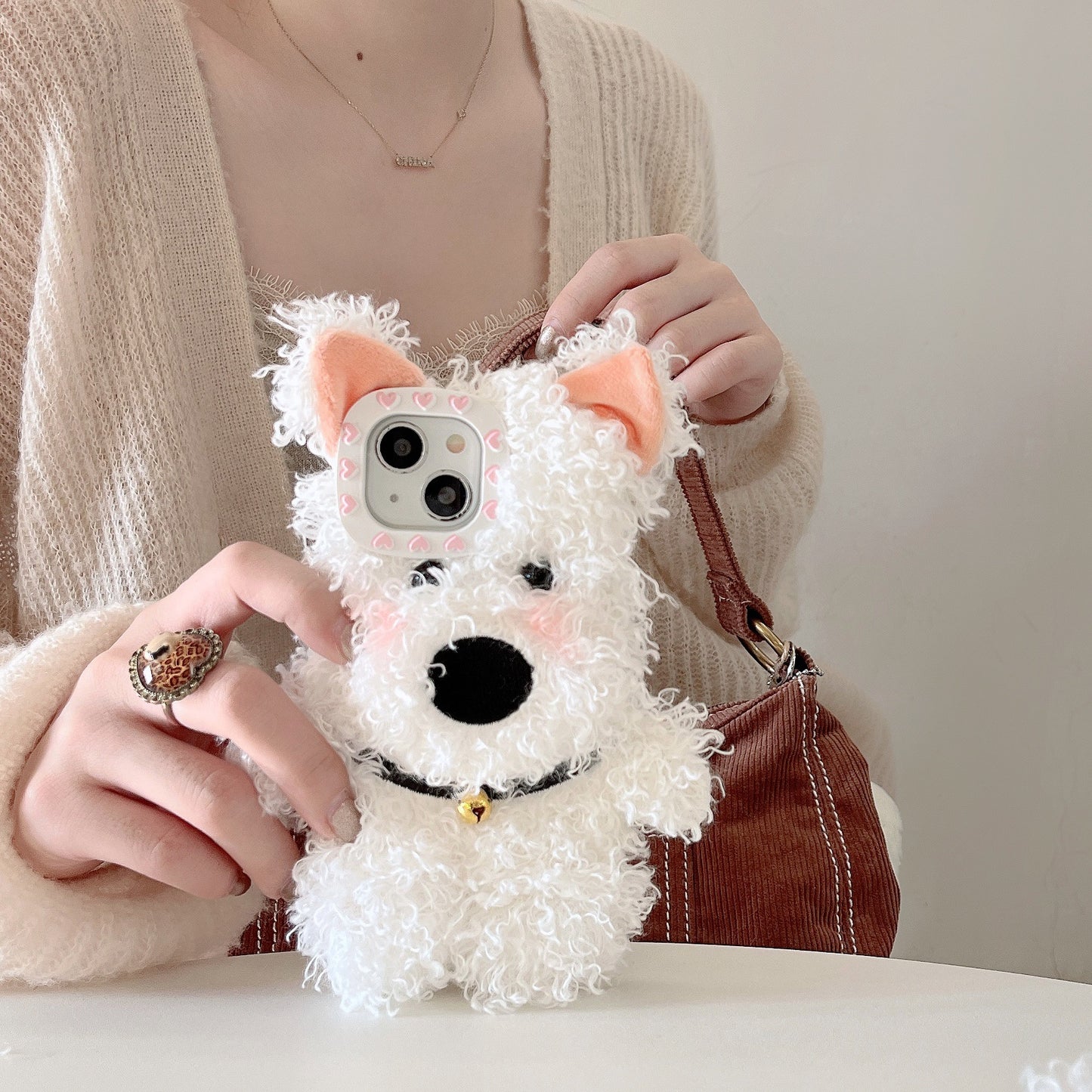 Plush cute bell West Highland dog iPhone16 Apple 15 suitable for 13/14pro max mobile phone case 11