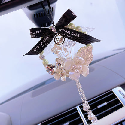 Car pendant four-leaf clover pearl car interior decoration pendant crystal car rearview mirror hanging jewelry bag chain