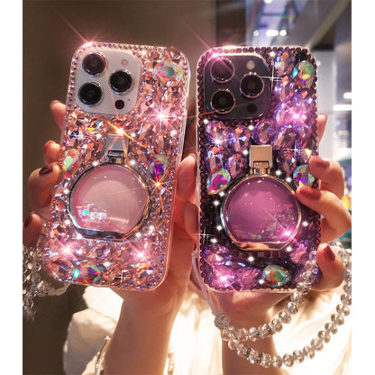 Suitable for iPhone14/15promax luxury full diamond phone case Apple 16/13 rhinestone perfume bottle ring buckle