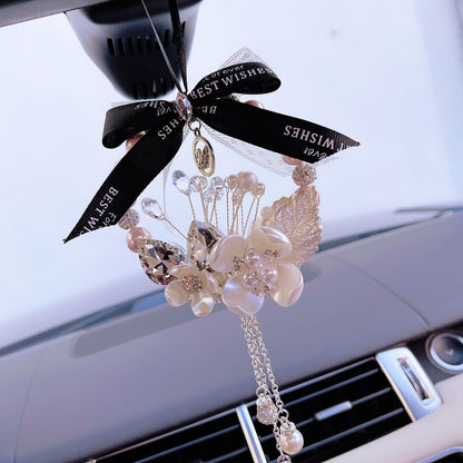 Car pendant four-leaf clover pearl car interior decoration pendant crystal car rearview mirror hanging jewelry bag chain