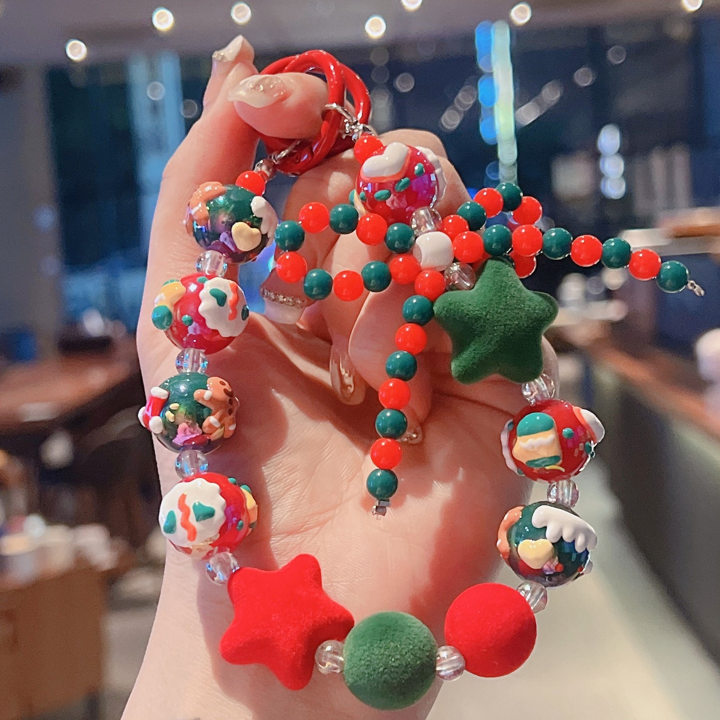 Christmas flocked beaded mobile phone chain Christmas tree ornaments anti-fall lanyard car keychain decoration bag pendant