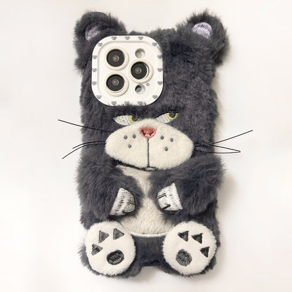 Plush cute staring cat iPhone16 Apple 15 suitable for 13/14pro max mobile phone case anti-fall cover 11