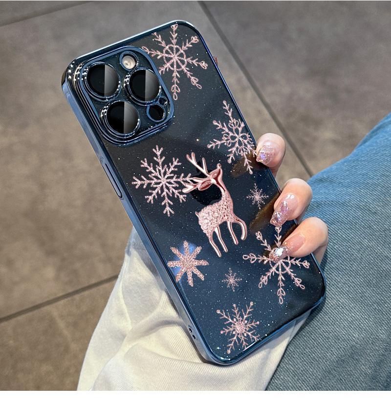 Snowflake Deer suitable for iPhone15promax mobile phone case new Ip15pro electroplated glitter powder comes with lens film