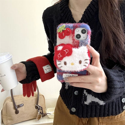 Irregular red and blue plaid plush Hello Kitty iPhone16 Apple 15 suitable for 13/14pro max mobile phone case