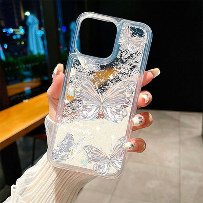 Romantic butterfly suitable for Apple 16Promax mobile phone case 15promax snowflake quicksand large hole anti-fall mobile phone case