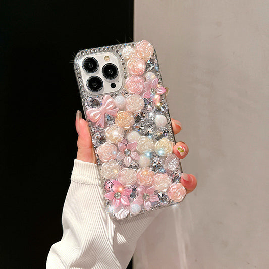 Full diamond rose flower iphone16promax mobile phone case suitable for Apple 15 luxury diamond-encrusted pearl protective cover