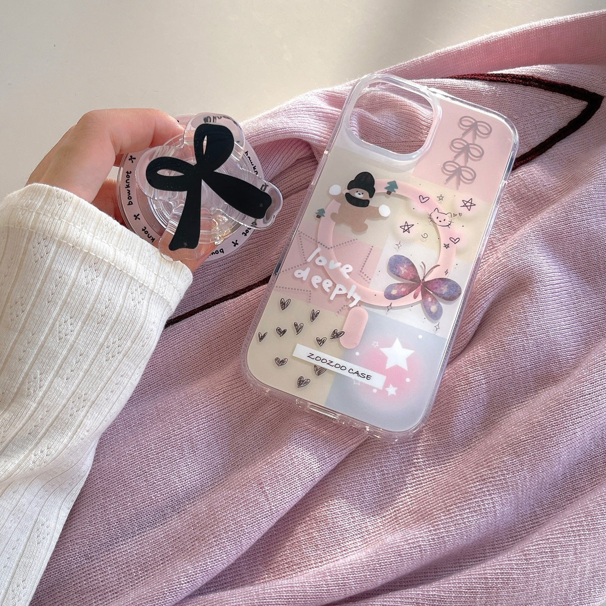 Sweet ins stitching star bow suitable for iPhone15 mobile phone case magnetic holder Apple 13 double layer soft