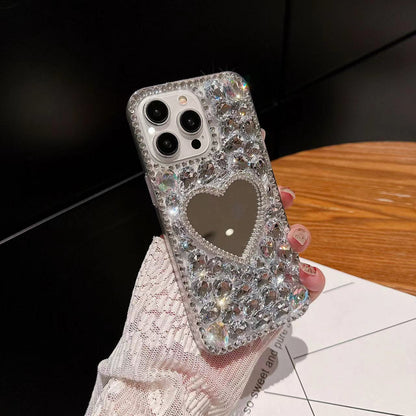 Rhinestone love mirror iPhone15Promax mobile phone case suitable for Apple 16/14plus simple anti-fall soft