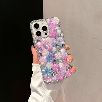 Full diamond rose flower iphone16promax mobile phone case suitable for Apple 15 luxury diamond-encrusted pearl protective cover