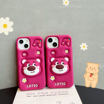 Three-dimensional silicone stand Strawberry Bear suitable for iPhone15 mobile phone case cartoon anti-fall Apple 14 large hole protective cover