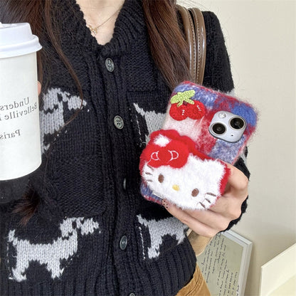 Irregular red and blue plaid plush Hello Kitty iPhone16 Apple 15 suitable for 13/14pro max mobile phone case