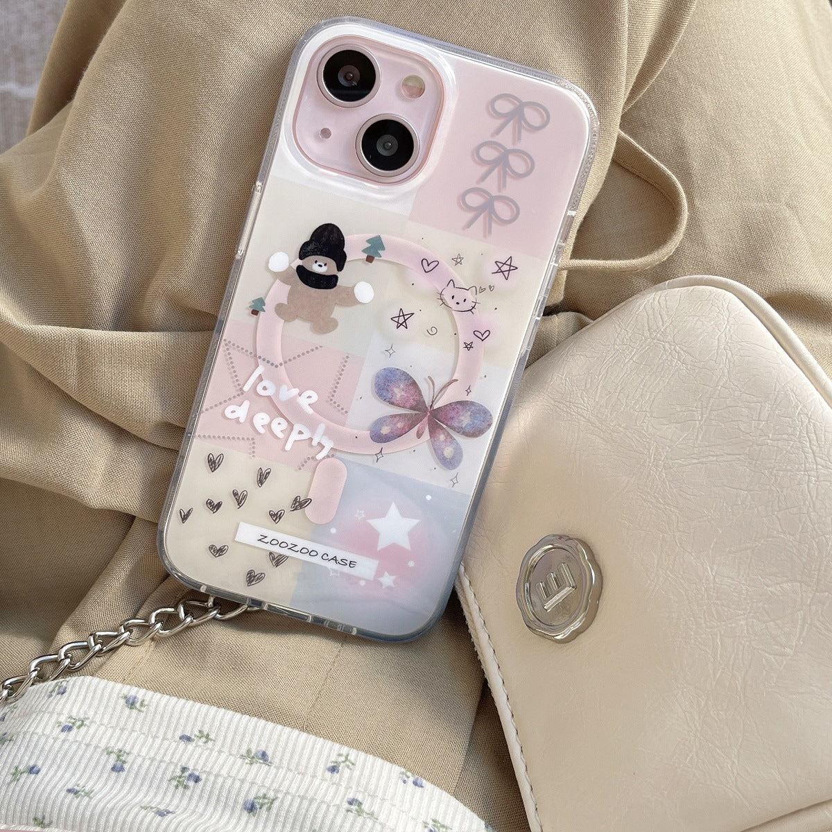 Sweet ins stitching star bow suitable for iPhone15 mobile phone case magnetic holder Apple 13 double layer soft