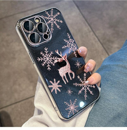 Snowflake Deer suitable for iPhone15promax mobile phone case new Ip15pro electroplated glitter powder comes with lens film