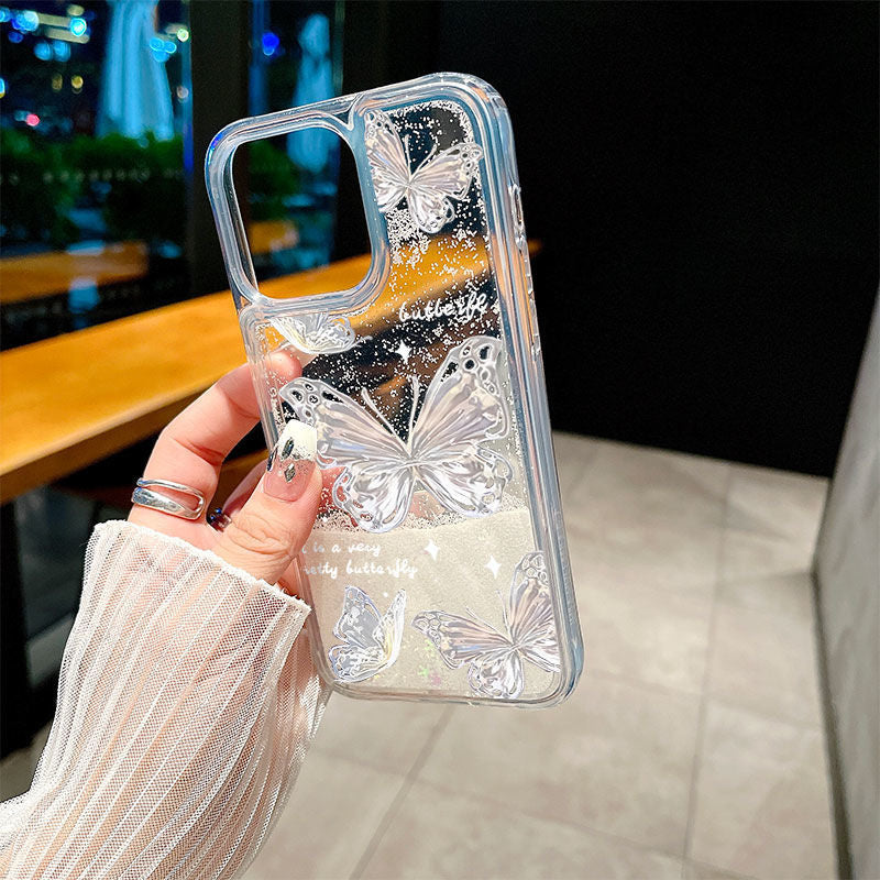 Romantic butterfly suitable for Apple 16Promax mobile phone case 15promax snowflake quicksand large hole anti-fall mobile phone case