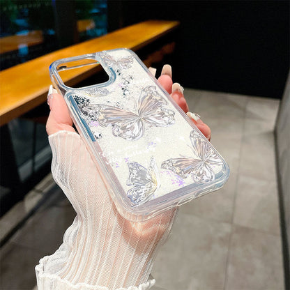 Romantic butterfly suitable for Apple 16Promax mobile phone case 15promax snowflake quicksand large hole anti-fall mobile phone case