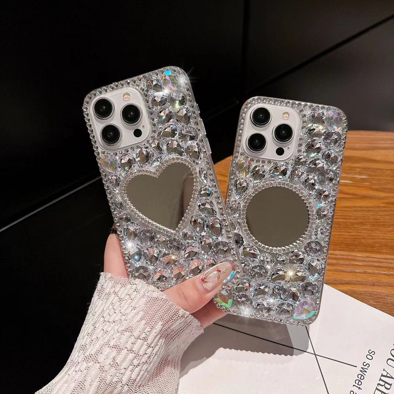 Rhinestone love mirror iPhone15Promax mobile phone case suitable for Apple 16/14plus simple anti-fall soft