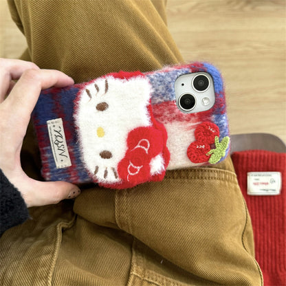 Irregular red and blue plaid plush Hello Kitty iPhone16 Apple 15 suitable for 13/14pro max mobile phone case