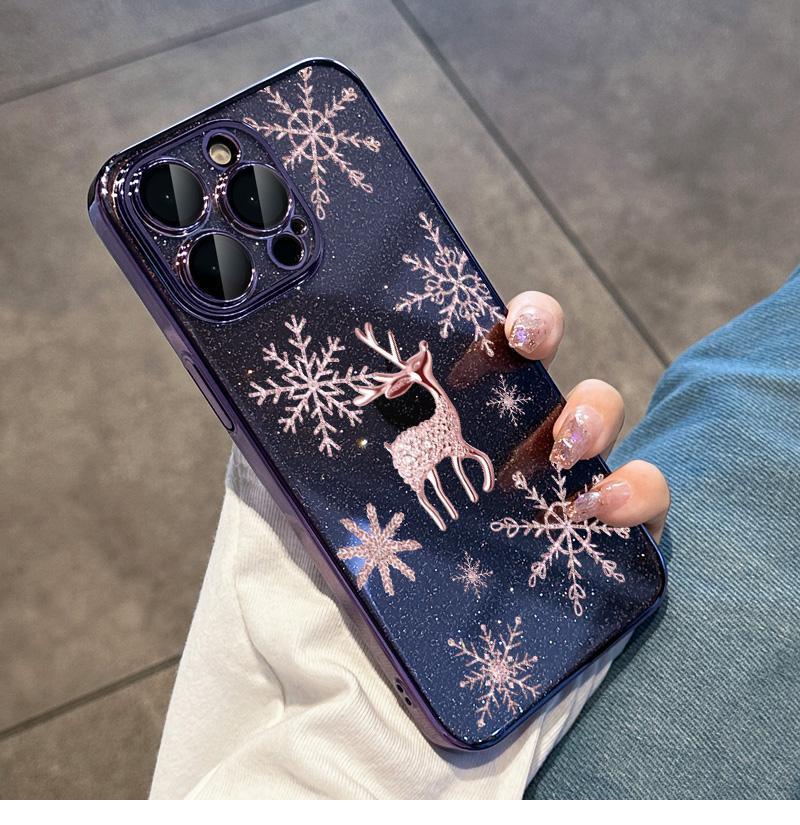 Snowflake Deer suitable for iPhone15promax mobile phone case new Ip15pro electroplated glitter powder comes with lens film