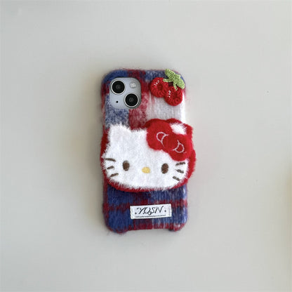 Irregular red and blue plaid plush Hello Kitty iPhone16 Apple 15 suitable for 13/14pro max mobile phone case