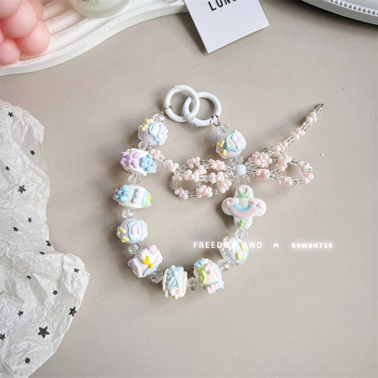 Cream hand-painted beaded cute beads with bracelet DIY bag pendant contrasting color keychain mobile phone chain