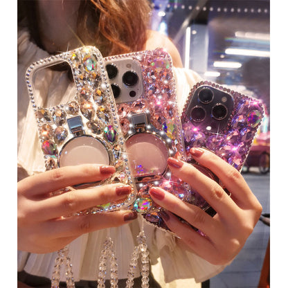 Suitable for iPhone14/15promax luxury full diamond phone case Apple 16/13 rhinestone perfume bottle ring buckle