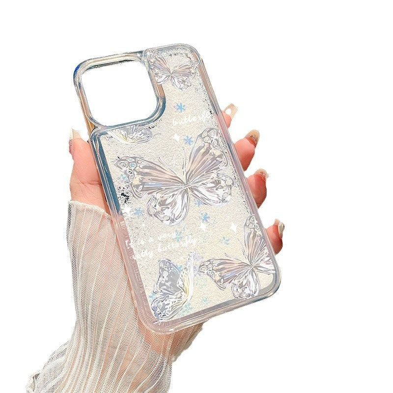 Romantic butterfly suitable for Apple 16Promax mobile phone case 15promax snowflake quicksand large hole anti-fall mobile phone case