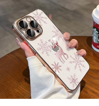 Snowflake Deer suitable for iPhone15promax mobile phone case new Ip15pro electroplated glitter powder comes with lens film