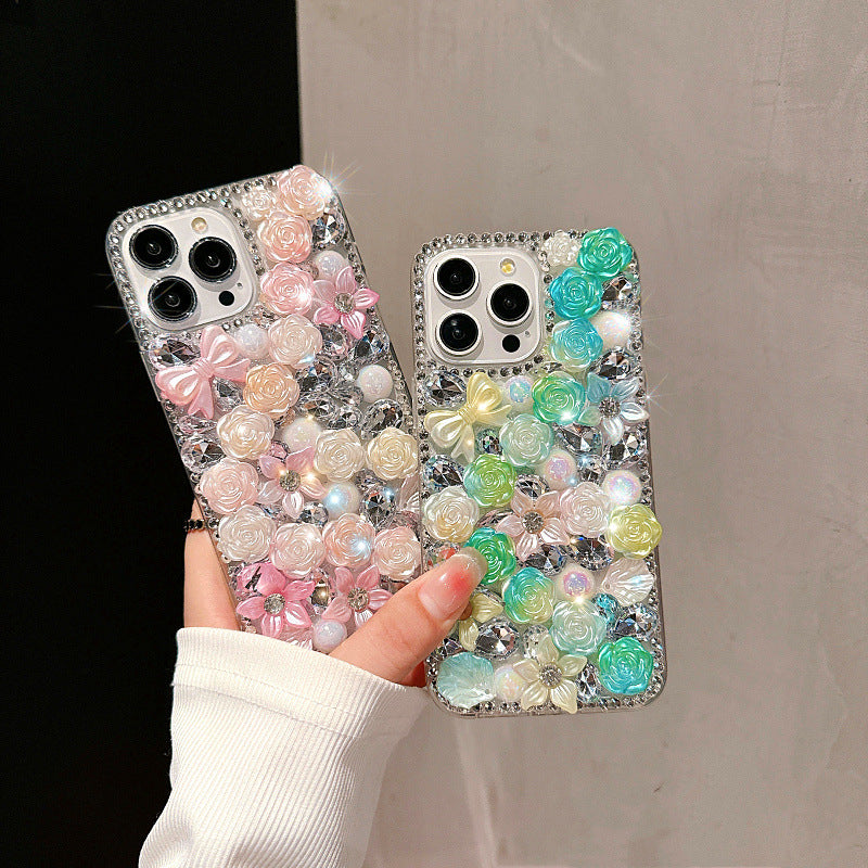 Full diamond rose flower iphone16promax mobile phone case suitable for Apple 15 luxury diamond-encrusted pearl protective cover