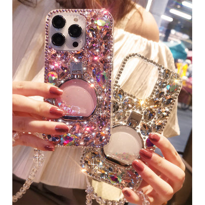 Suitable for iPhone14/15promax luxury full diamond phone case Apple 16/13 rhinestone perfume bottle ring buckle