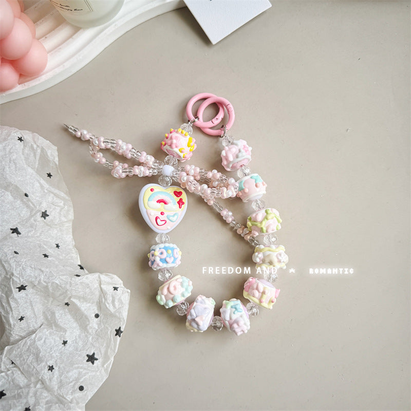 Cream hand-painted beaded cute beads with bracelet DIY bag pendant contrasting color keychain mobile phone chain