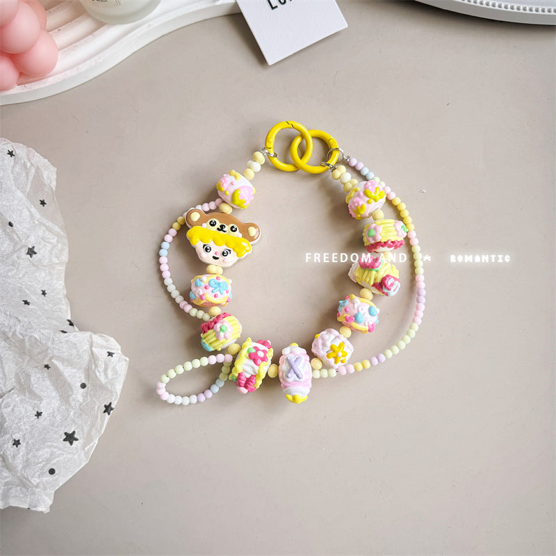 Cream hand-painted beaded cute beads with bracelet DIY bag pendant contrasting color keychain mobile phone chain