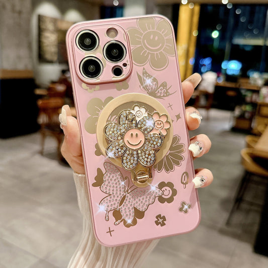 Suitable for iphone16promax mobile phone case Apple 151413 protective cover diamond butterfly flower magnetic holder