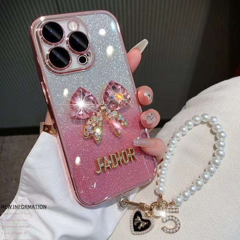 New electroplated glitter bow suitable for Apple 15PRO mobile phone case all-inclusive IP15/14/13 soft shell 15PM