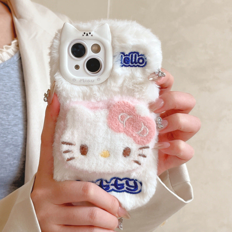 Plush cat ears KT suitable for iPhone 16 mobile phone case iphone15promax embroidery 14 autumn and winter cartoon 12