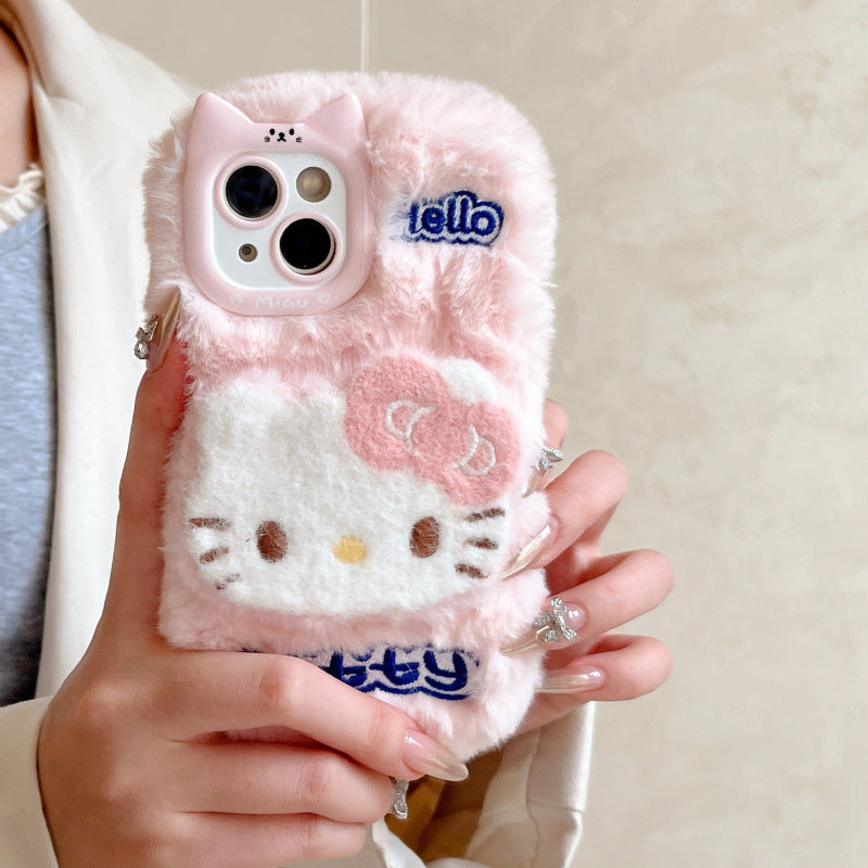 Plush cat ears KT suitable for iPhone 16 mobile phone case iphone15promax embroidery 14 autumn and winter cartoon 12