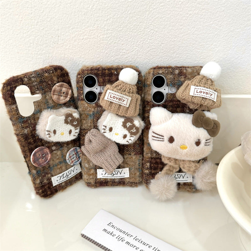 Three packs of plush button hat gloves KT cat iPhone16 Apple 15 suitable for 13/14pro max mobile phone case