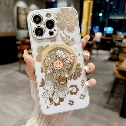 Suitable for iphone16promax mobile phone case Apple 151413 protective cover diamond butterfly flower magnetic holder