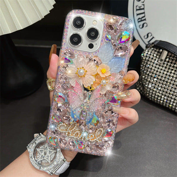 Suitable for Apple 16pro mobile phone case shaking butterfly iPhone15pro rhinestone