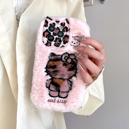 Plush cat ears KT suitable for iPhone 16 mobile phone case iphone15promax embroidery 14 autumn and winter cartoon 12