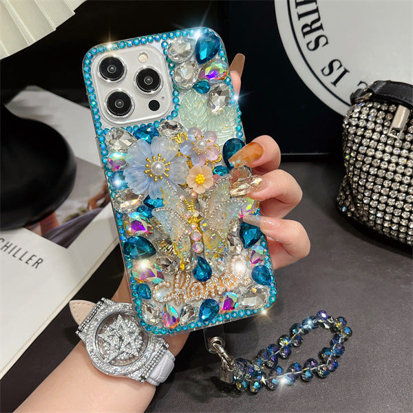 Gemstone rhinestone suitable for Apple xs 16max mobile phone case 15Pro 14 diamond all-inclusive mobile phone flash with chain model