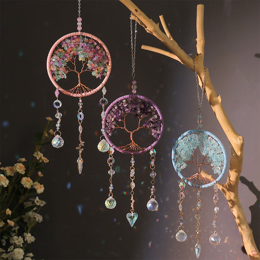 Light luxury tree of life dream catcher crystal stone hand-woven handicraft wind chime car pendant