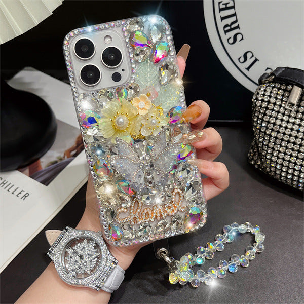 Gemstone rhinestone suitable for Apple xs 16max mobile phone case 15Pro 14 diamond all-inclusive mobile phone flash with chain model