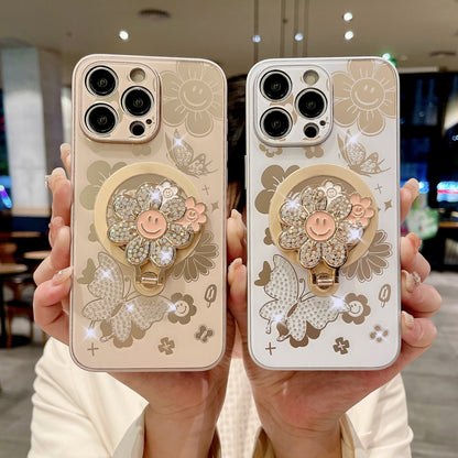 Suitable for iphone16promax mobile phone case Apple 151413 protective cover diamond butterfly flower magnetic holder