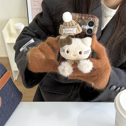 Three packs of plush button hat gloves KT cat iPhone16 Apple 15 suitable for 13/14pro max mobile phone case