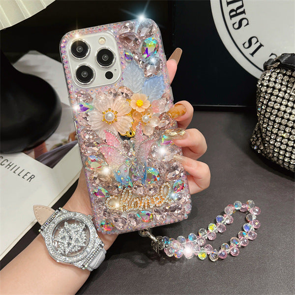 Gemstone rhinestone suitable for Apple xs 16max mobile phone case 15Pro 14 diamond all-inclusive mobile phone flash with chain model