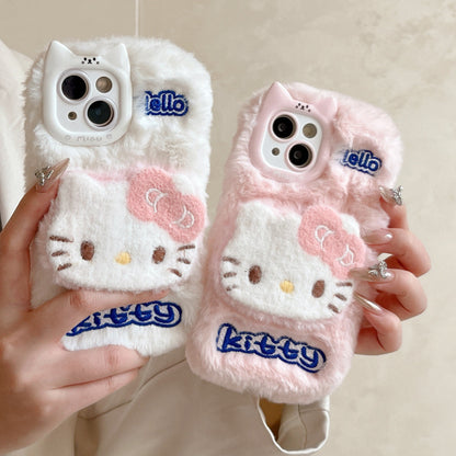 Plush cat ears KT suitable for iPhone 16 mobile phone case iphone15promax embroidery 14 autumn and winter cartoon 12