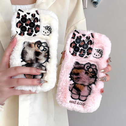 Plush cat ears KT suitable for iPhone 16 mobile phone case iphone15promax embroidery 14 autumn and winter cartoon 12