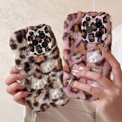 Plush cat ears KT suitable for iPhone 16 mobile phone case iphone15promax embroidery 14 autumn and winter cartoon 12